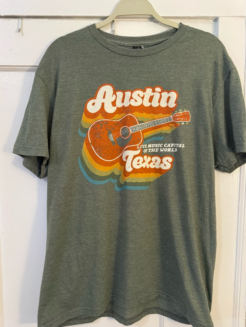 Austin Texas Graphic Tee – Olive Green with Orange Retro Guitar